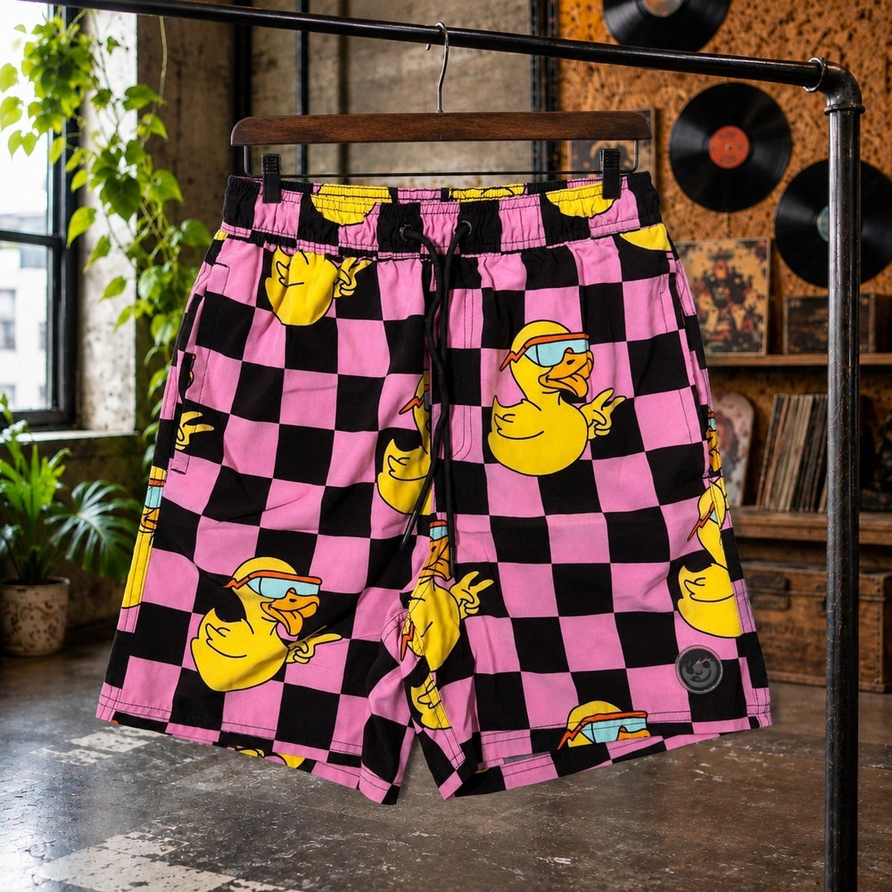 Mens Pink Black Checkered Rubber Duck Swim Trunks Board Shorts Streetwear